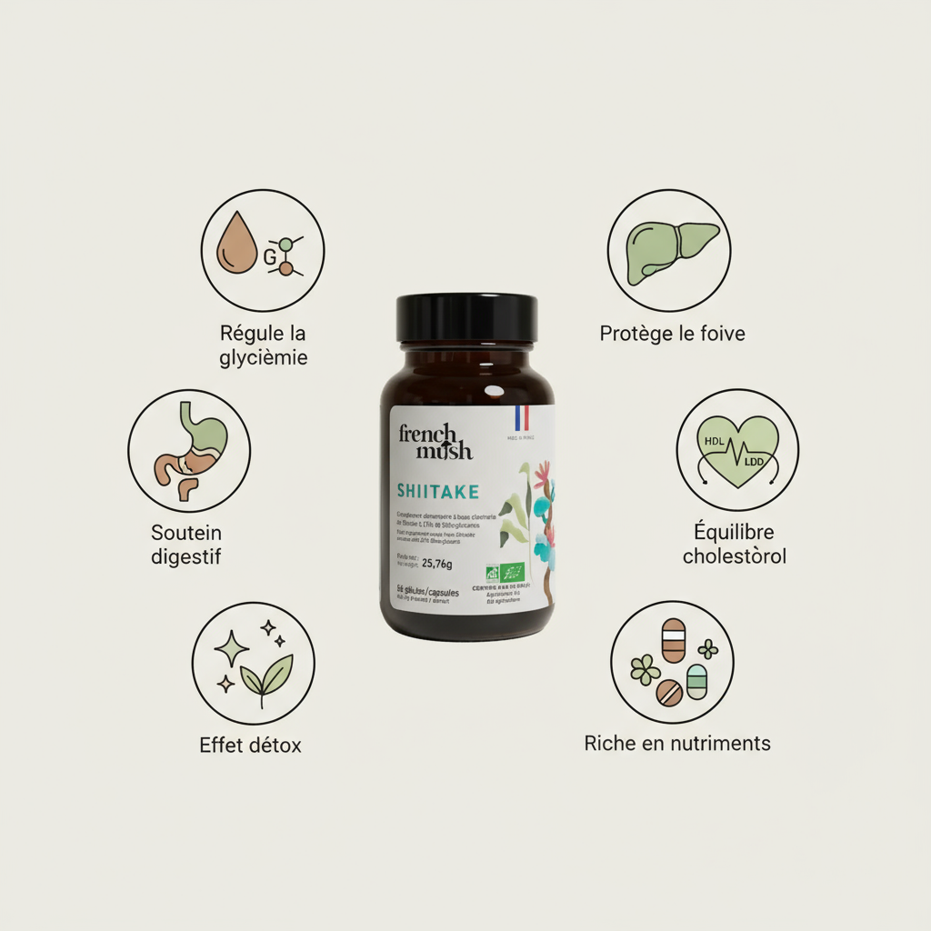 Shiitake - Bénéfices autour du flacon