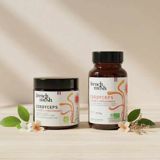 Cordyceps poudre et gélules avec décor naturel